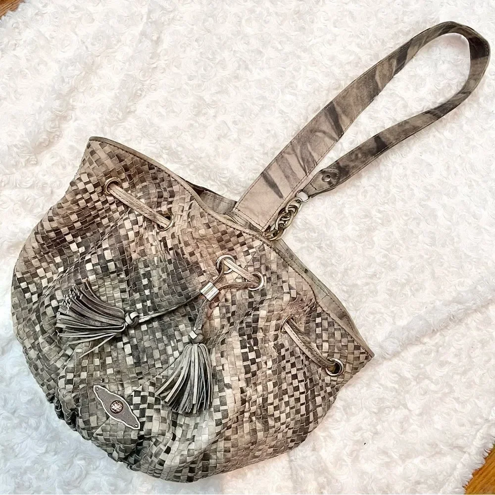 Elliott Lucca Snakeskin Embossed Leather Weave Bucket Hobo Shoulder Purse